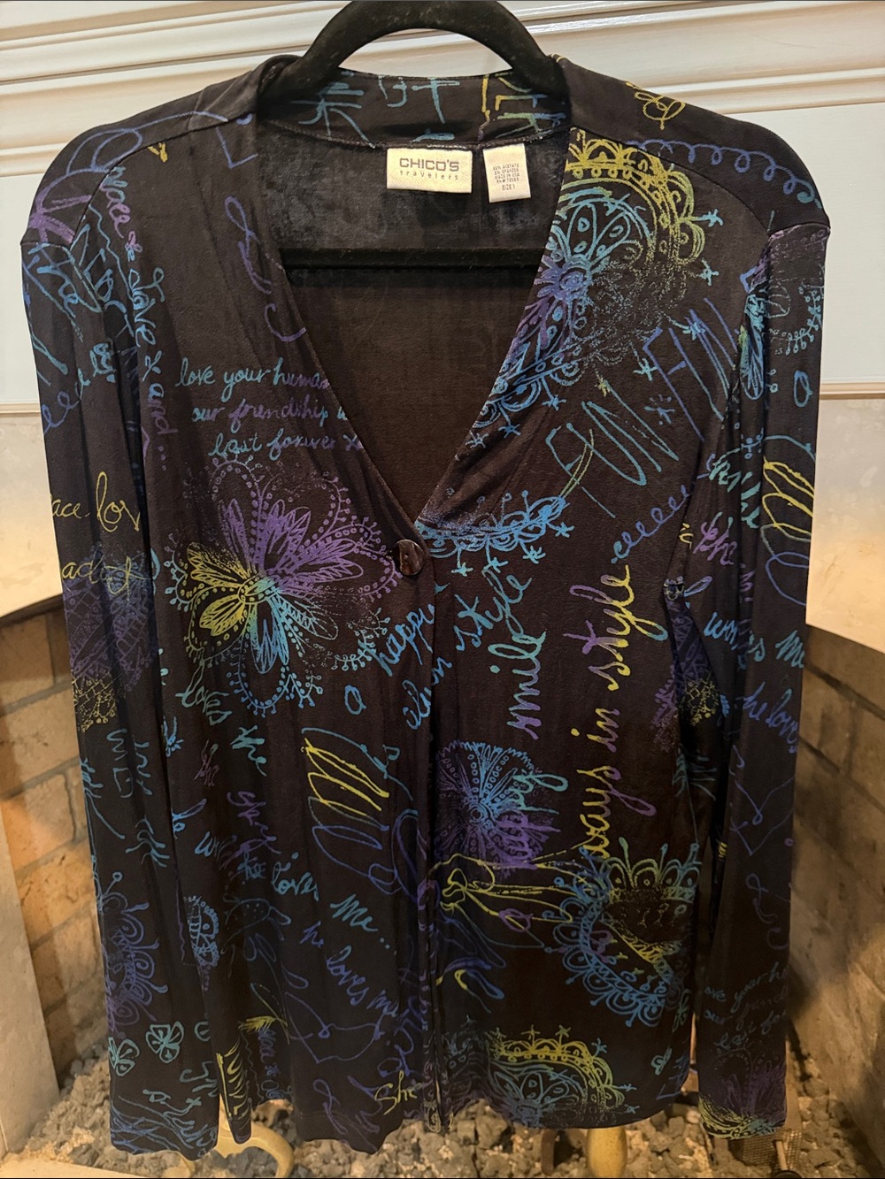 Travelers by Chico's Black Button-Front Top w Blue, Purple & Yellow Script Small